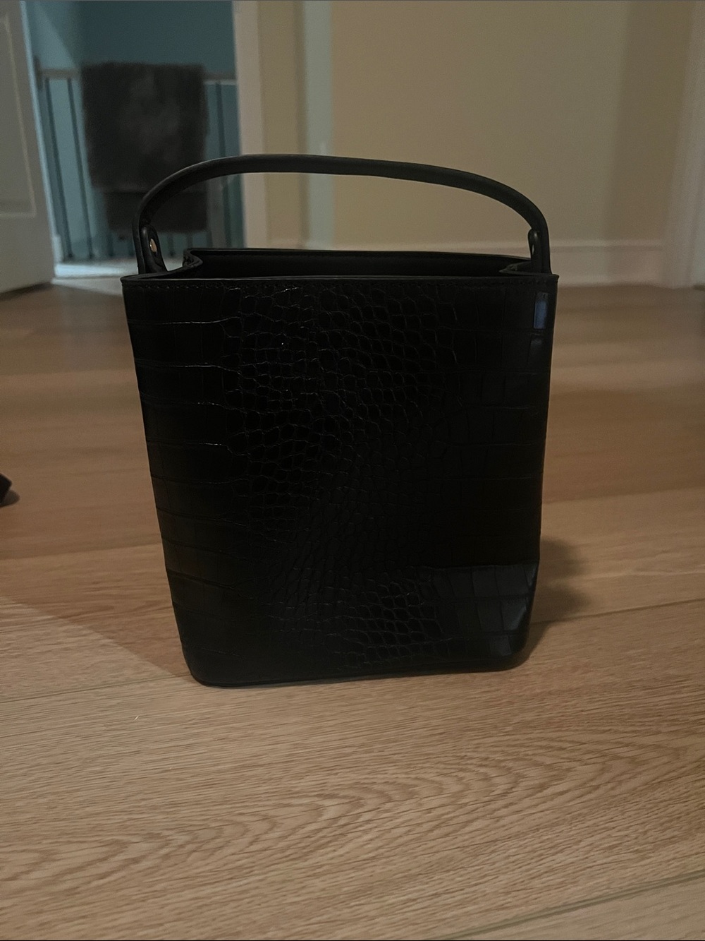 Black Croc-Embossed Top-Handle Bag